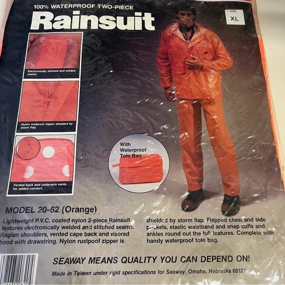 Vintage 90s US Camper Waterproof Two Piece PVC Nylon Orange Rainsuit w/Tote bag - Picture 1 of 3